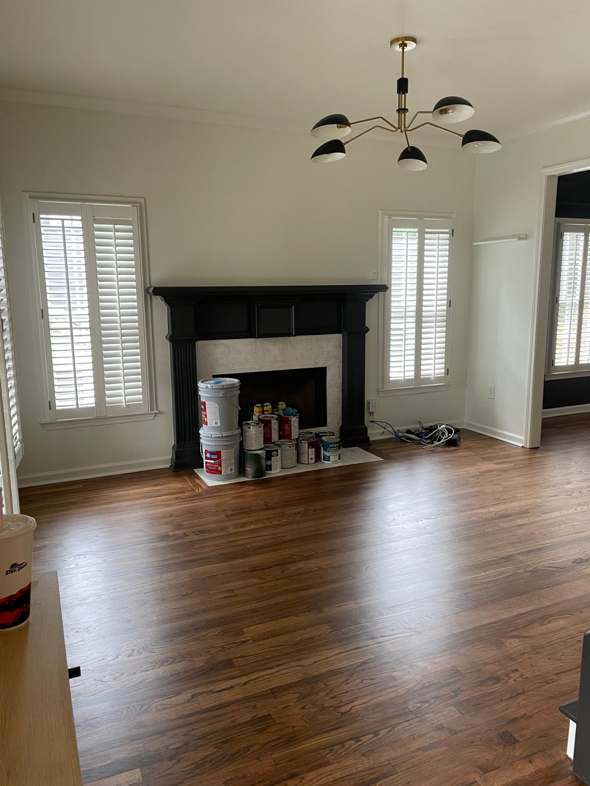Refinished oak hardwood flooring running through a living room in Metro Atlanta, GA