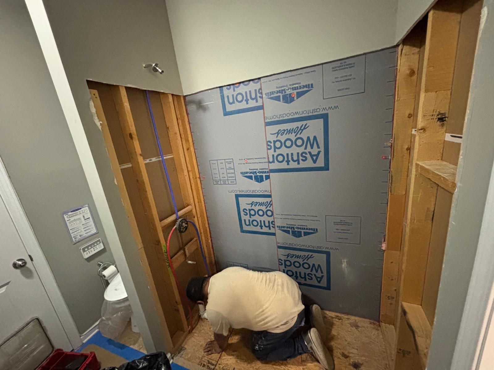 Bathroom opened to framing with new sheathing during a remodel in Metro Atlanta, GA